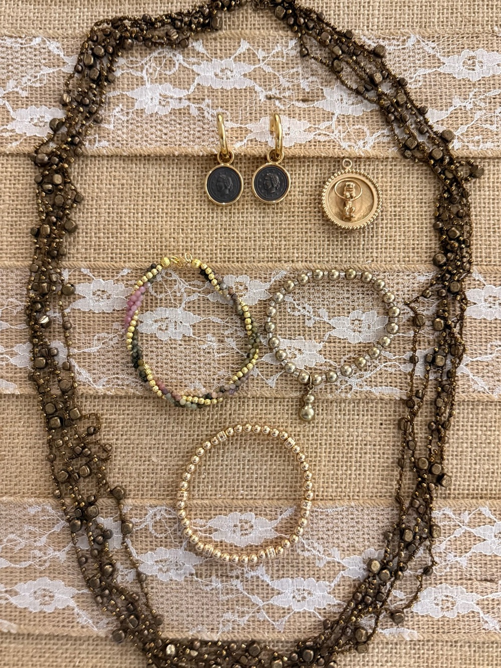 Gold-Tone Mixed Bead necklace and Coin earrings and 3 bracelets bundle Jewelry